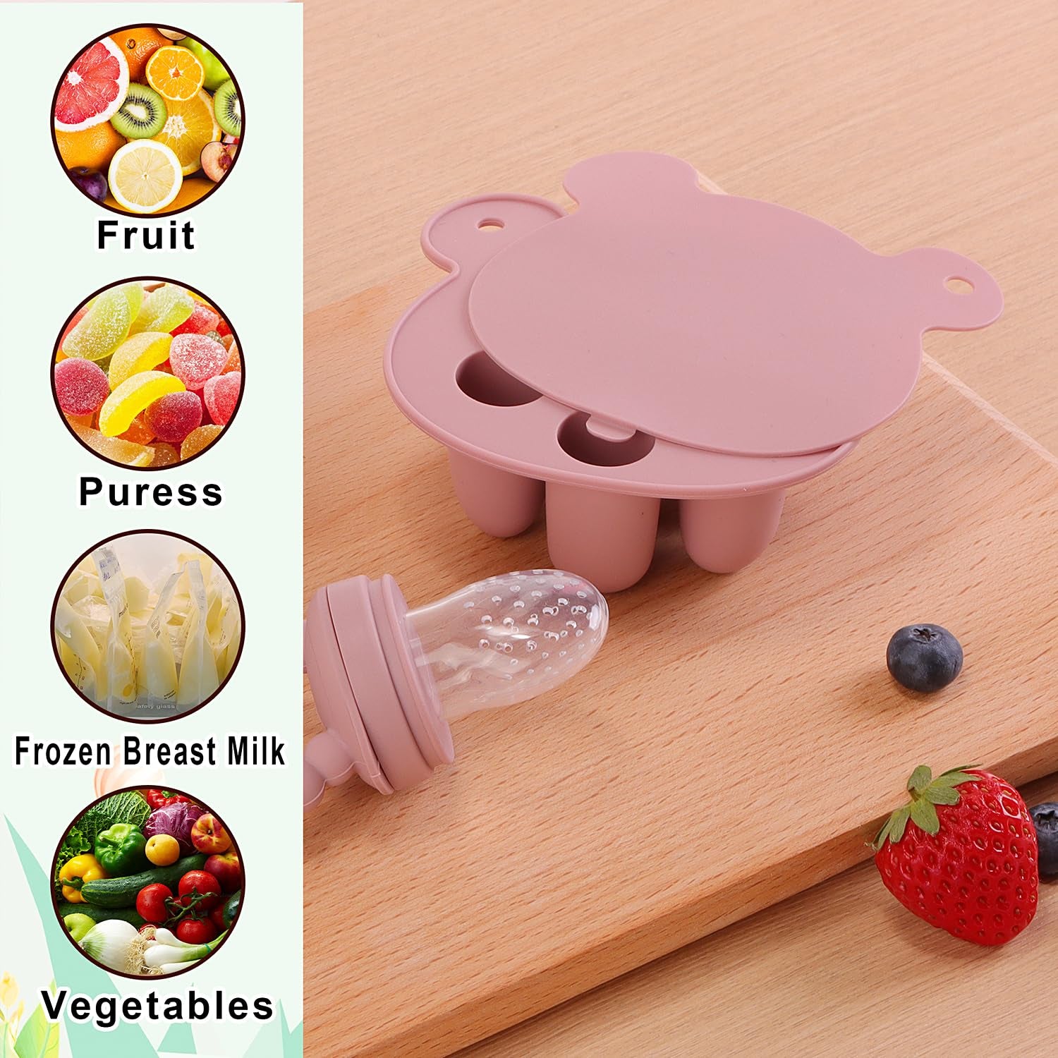 6-In-1 Baby Fruit Feeder Pacifier & Baby Food Feeder Set – Silicone Breastmilk Popsicle Mold with Freezer Tray, Teething Relief Toy, BPA Free Infant Feeder, 3 Sizes (S/M/L) Sacs (Blush)