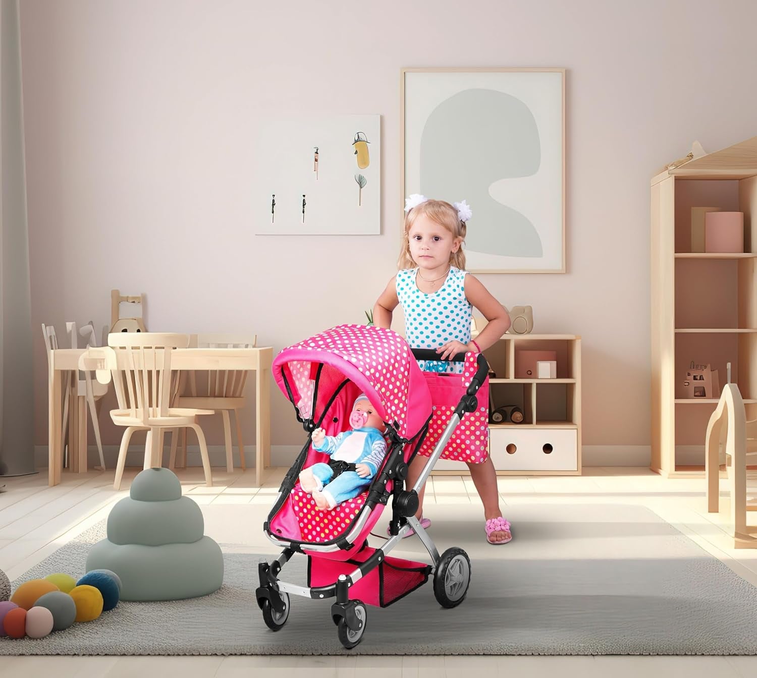 Foldable Pram for Baby Doll with Polka Dots Design with Swiveling Wheel Adjustable Handle