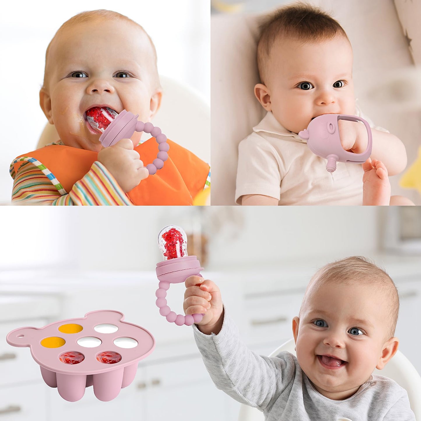 6-In-1 Baby Fruit Feeder Pacifier & Baby Food Feeder Set – Silicone Breastmilk Popsicle Mold with Freezer Tray, Teething Relief Toy, BPA Free Infant Feeder, 3 Sizes (S/M/L) Sacs (Blush)