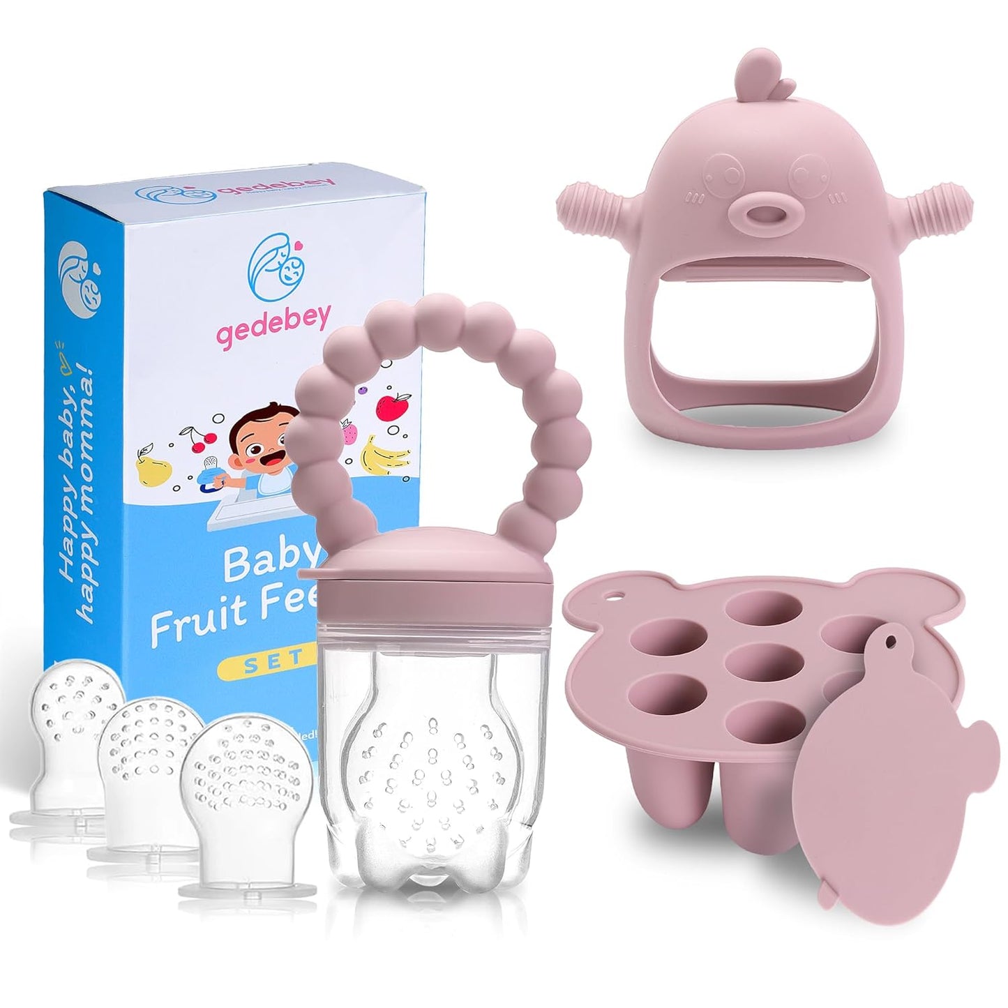 6-In-1 Baby Fruit Feeder Pacifier & Baby Food Feeder Set – Silicone Breastmilk Popsicle Mold with Freezer Tray, Teething Relief Toy, BPA Free Infant Feeder, 3 Sizes (S/M/L) Sacs (Blush)