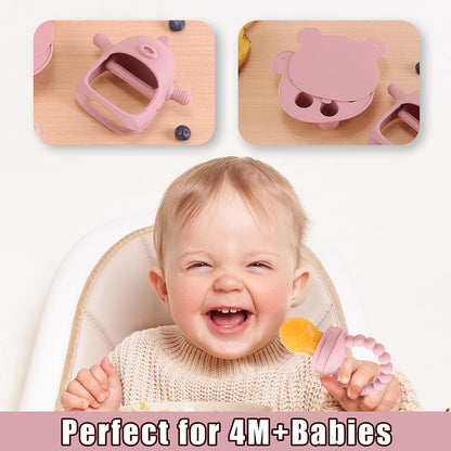6-In-1 Baby Fruit Feeder Pacifier & Baby Food Feeder Set – Silicone Breastmilk Popsicle Mold with Freezer Tray, Teething Relief Toy, BPA Free Infant Feeder, 3 Sizes (S/M/L) Sacs (Blush)