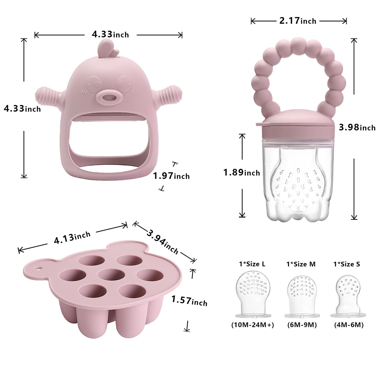 6-In-1 Baby Fruit Feeder Pacifier & Baby Food Feeder Set – Silicone Breastmilk Popsicle Mold with Freezer Tray, Teething Relief Toy, BPA Free Infant Feeder, 3 Sizes (S/M/L) Sacs (Blush)