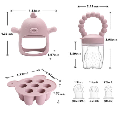 6-In-1 Baby Fruit Feeder Pacifier & Baby Food Feeder Set – Silicone Breastmilk Popsicle Mold with Freezer Tray, Teething Relief Toy, BPA Free Infant Feeder, 3 Sizes (S/M/L) Sacs (Blush)