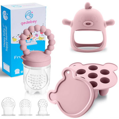 6-In-1 Baby Fruit Feeder Pacifier & Baby Food Feeder Set – Silicone Breastmilk Popsicle Mold with Freezer Tray, Teething Relief Toy, BPA Free Infant Feeder, 3 Sizes (S/M/L) Sacs (Blush)